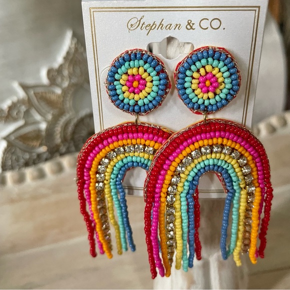 NWT Beaded and Rhinestone Rainbow Post Earrings - Picture 2 of 4